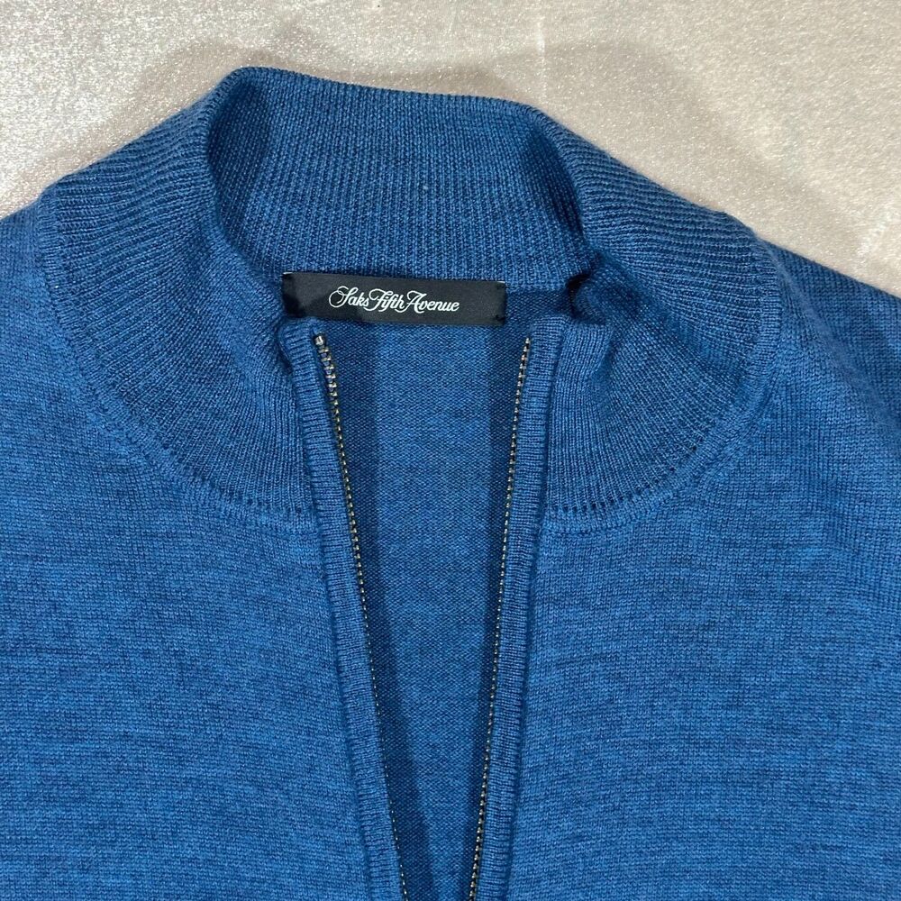Saks Fifth Avenue Womens Large 100% Merino Wool Blue Full Zip Sweater Jacket - Picture 9 of 10